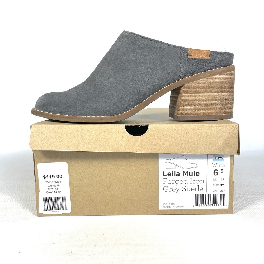 TOMS Leila Mule Womens 6.5 Grey Suede Stacked Block Heel Slip On Shoes